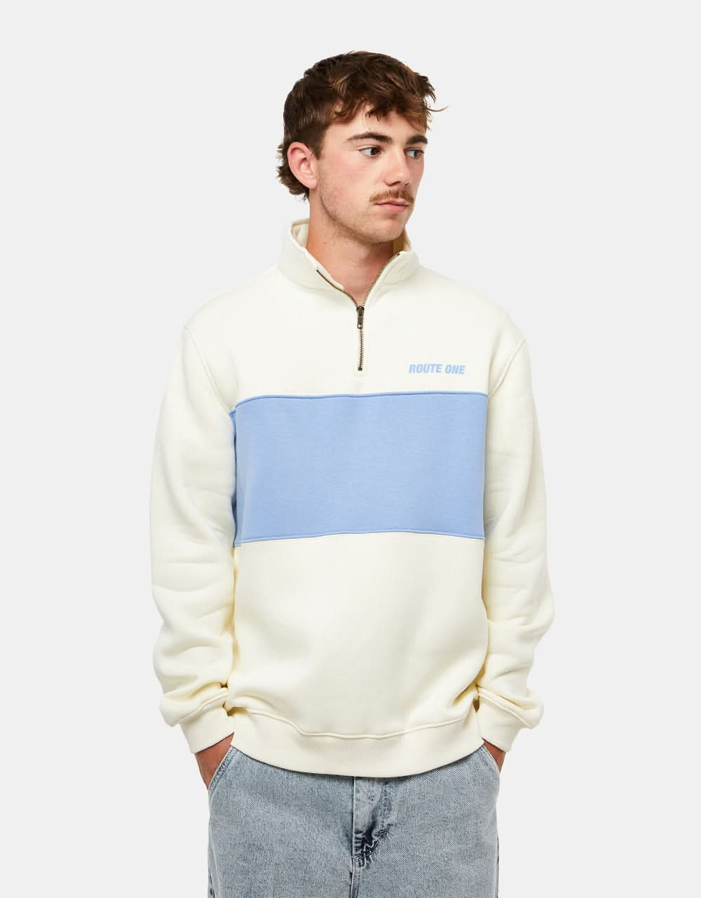 Route One Blocked 1/4 Zip Sweat - Stone/Baby Blue