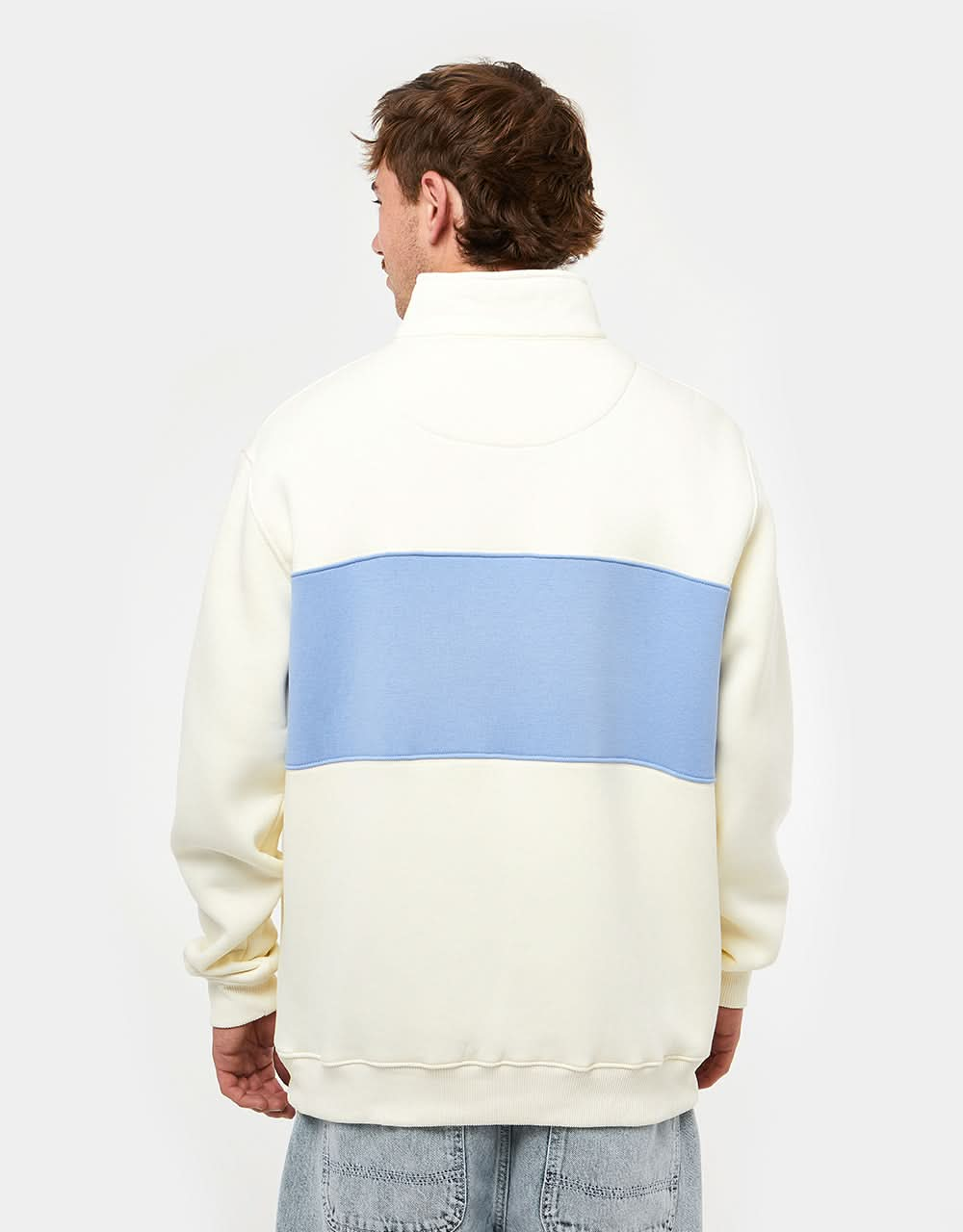 Route One Blocked 1/4 Zip Sweat - Stone/Baby Blue