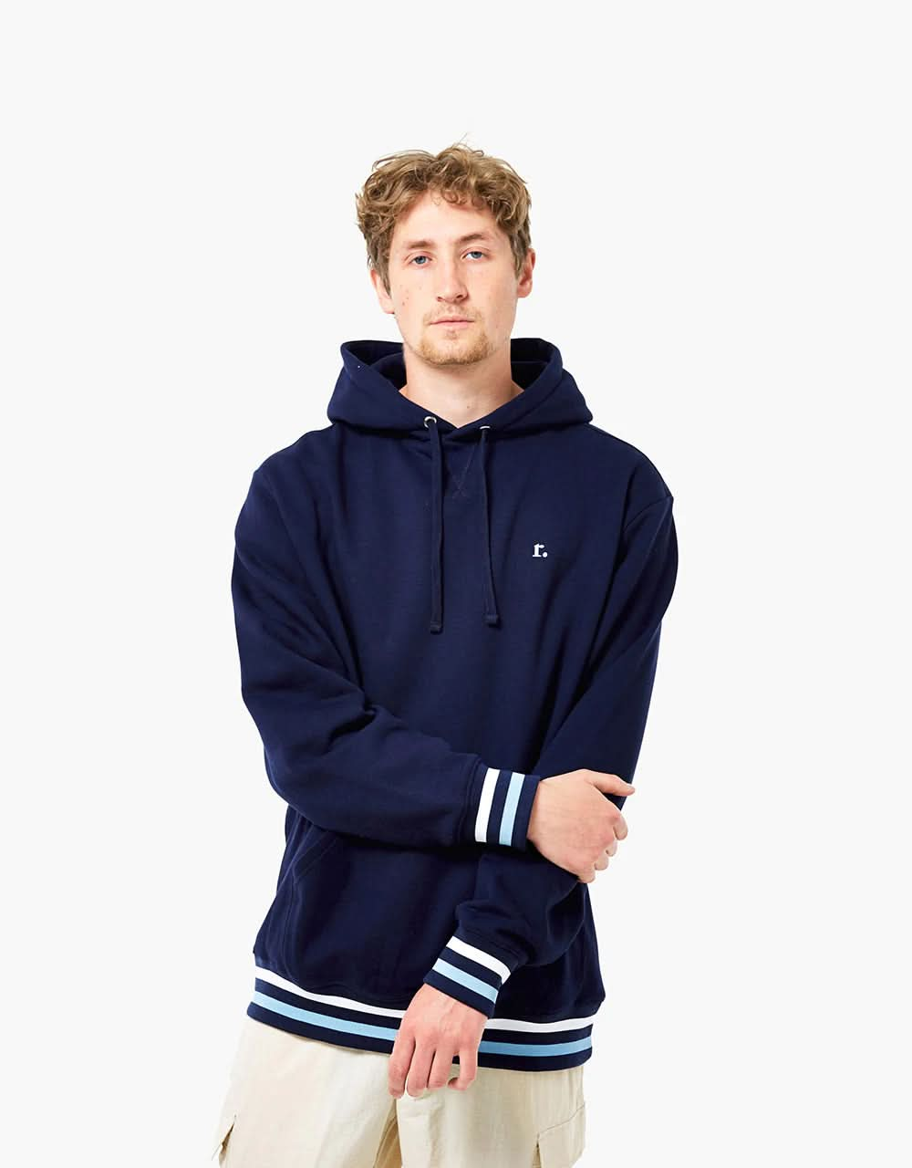 Route One Organic Striped Ribbed Pullover Hoodie - Eclipse/White/Sky Blue