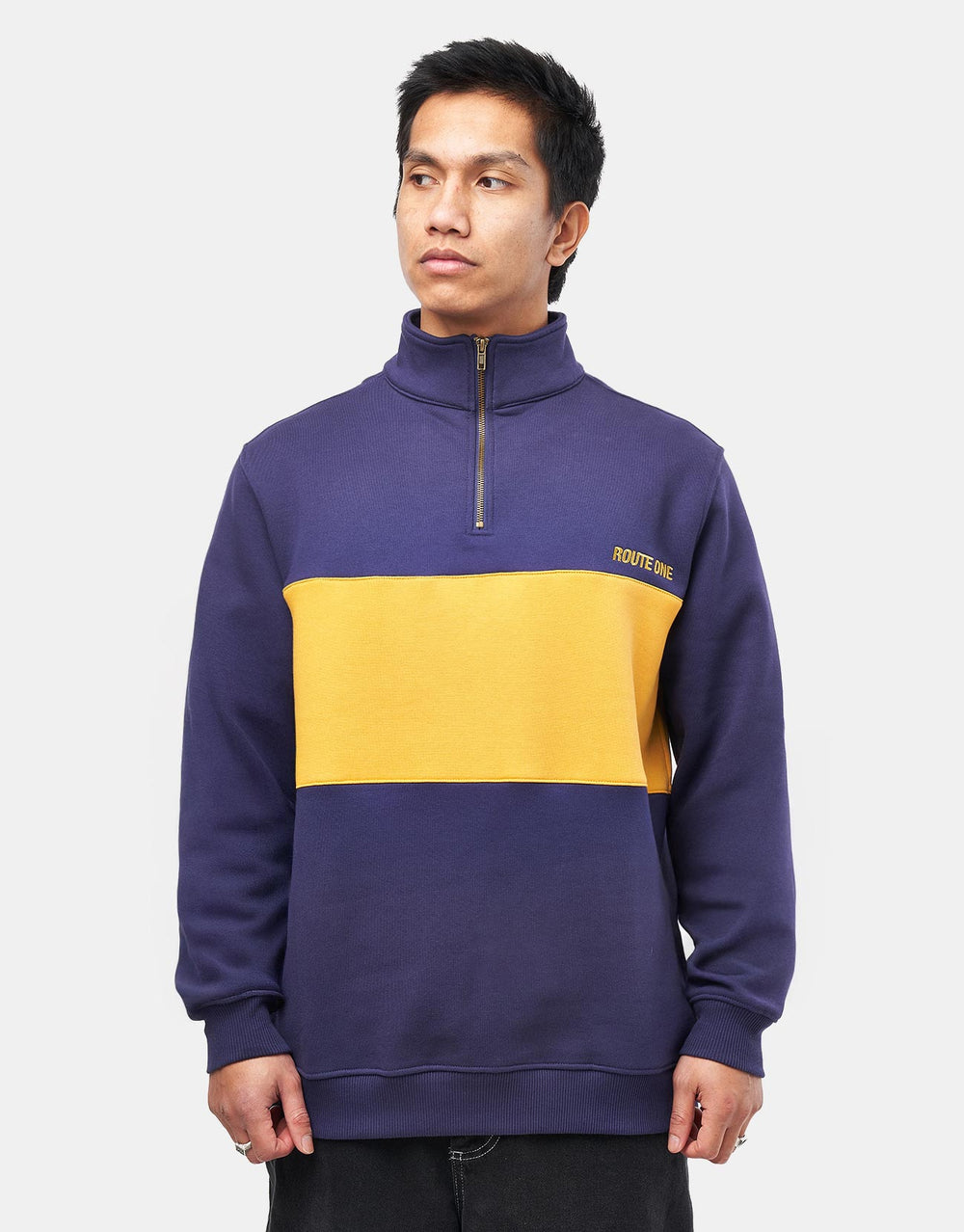 Route One Organic Blocked 1/4 Zip Sweat - Navy/Sunflower