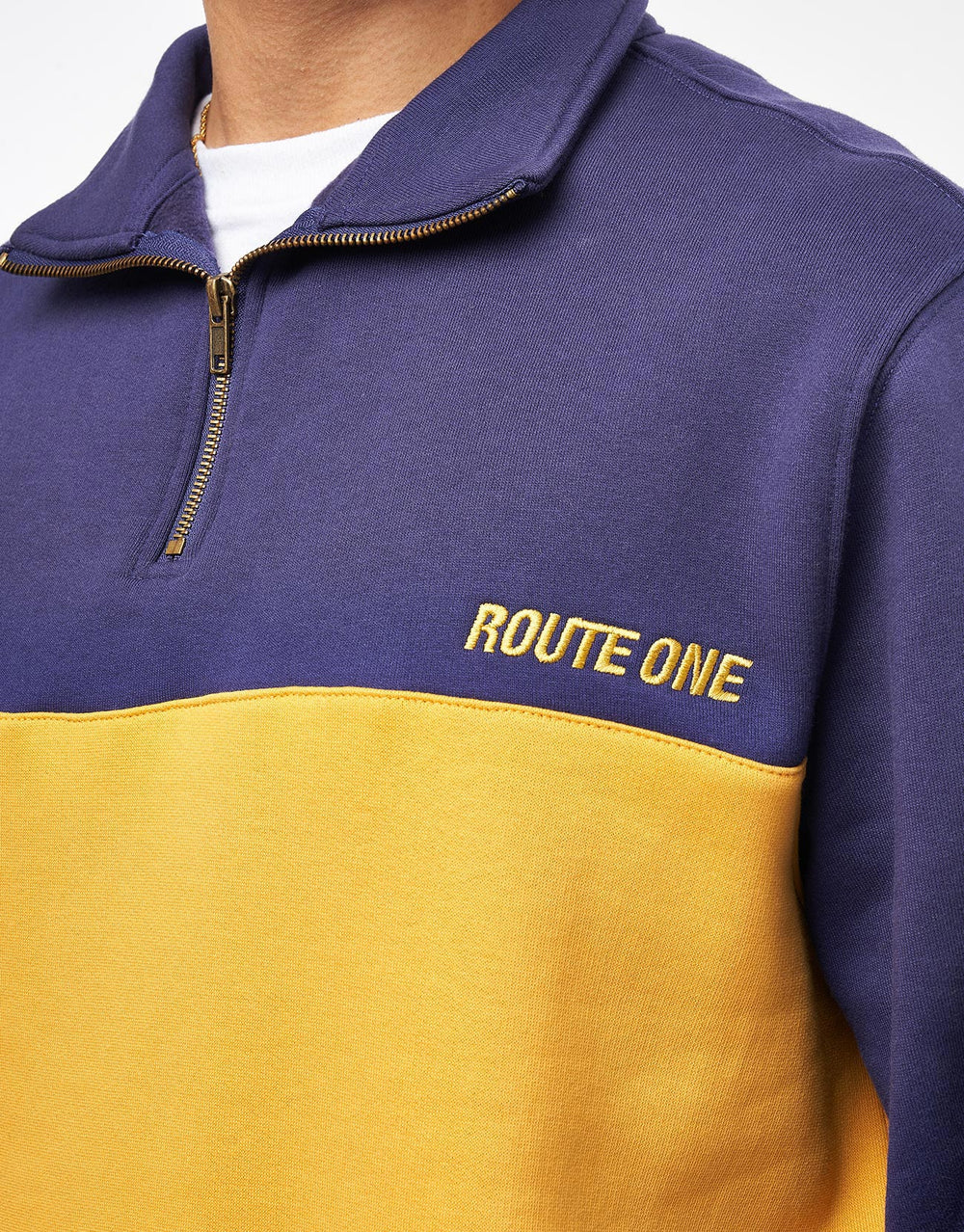 Route One Organic Blocked 1/4 Zip Sweat - Navy/Sunflower