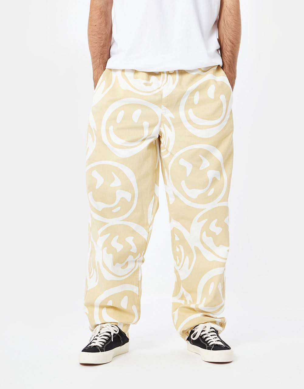 Route One Organic Baggy Pants - Warped Smiley Ivory Cream/White