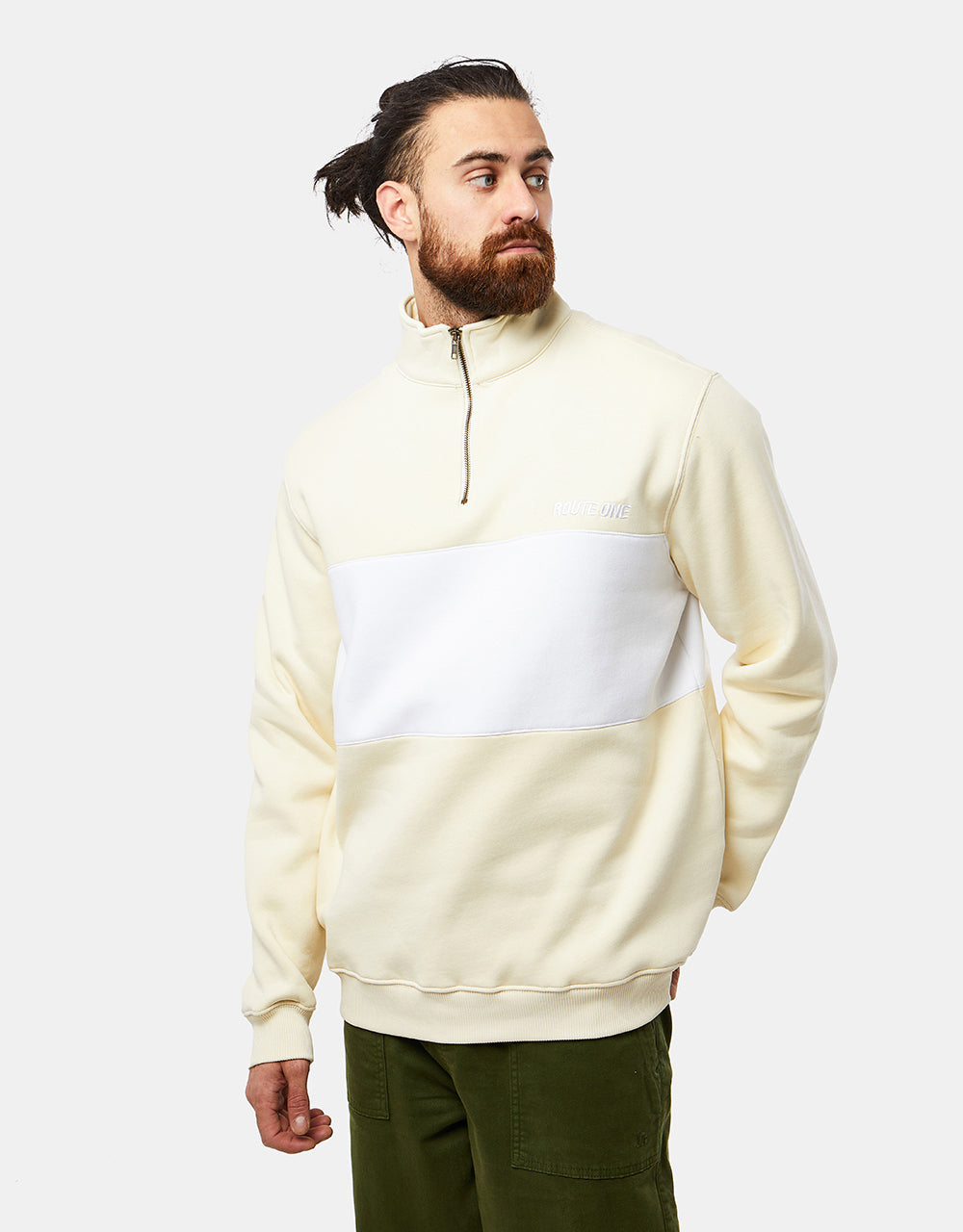 Route One Blocked 1/4 Zip Sweat - Cloud Cream/White