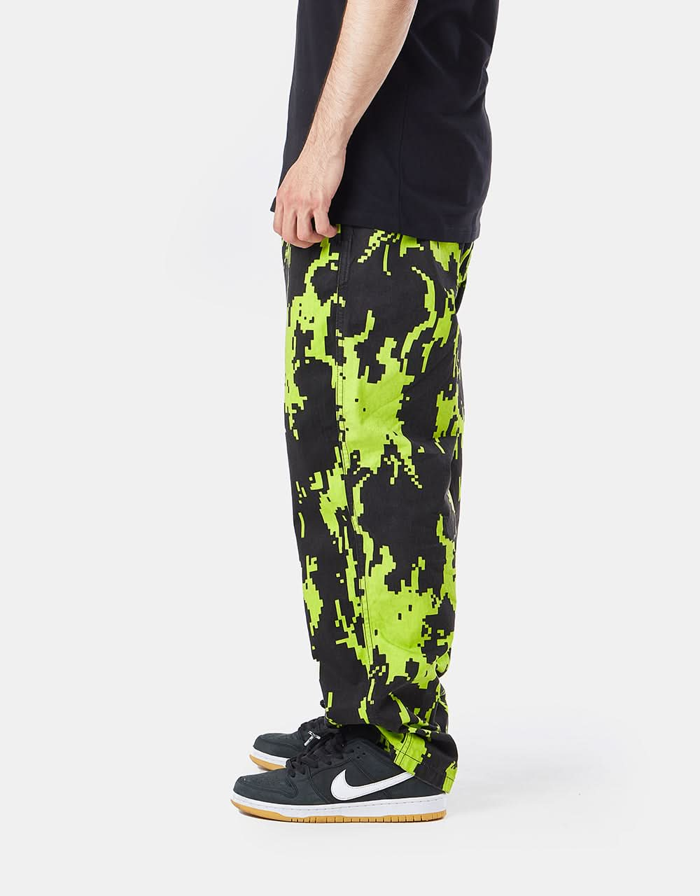 Route One Organic Baggy Pants - Pixel Flames Black/Lime Green