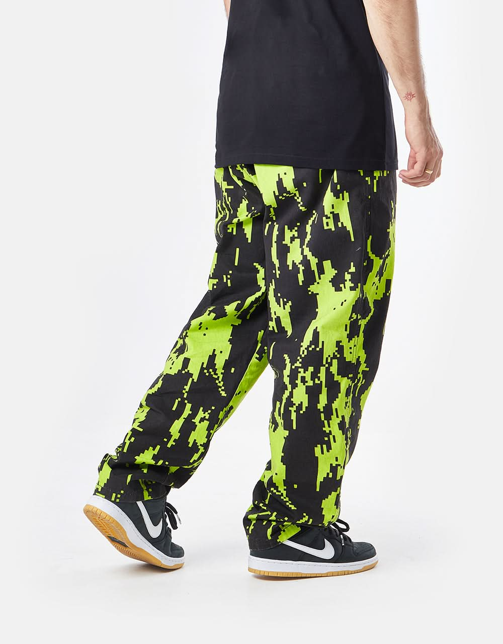 Route One Organic Baggy Pants - Pixel Flames Black/Lime Green