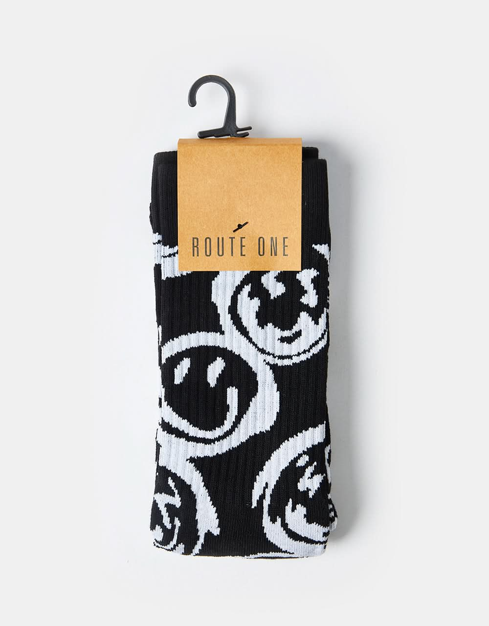 Route One Warped Smiley Crew Socks -Black