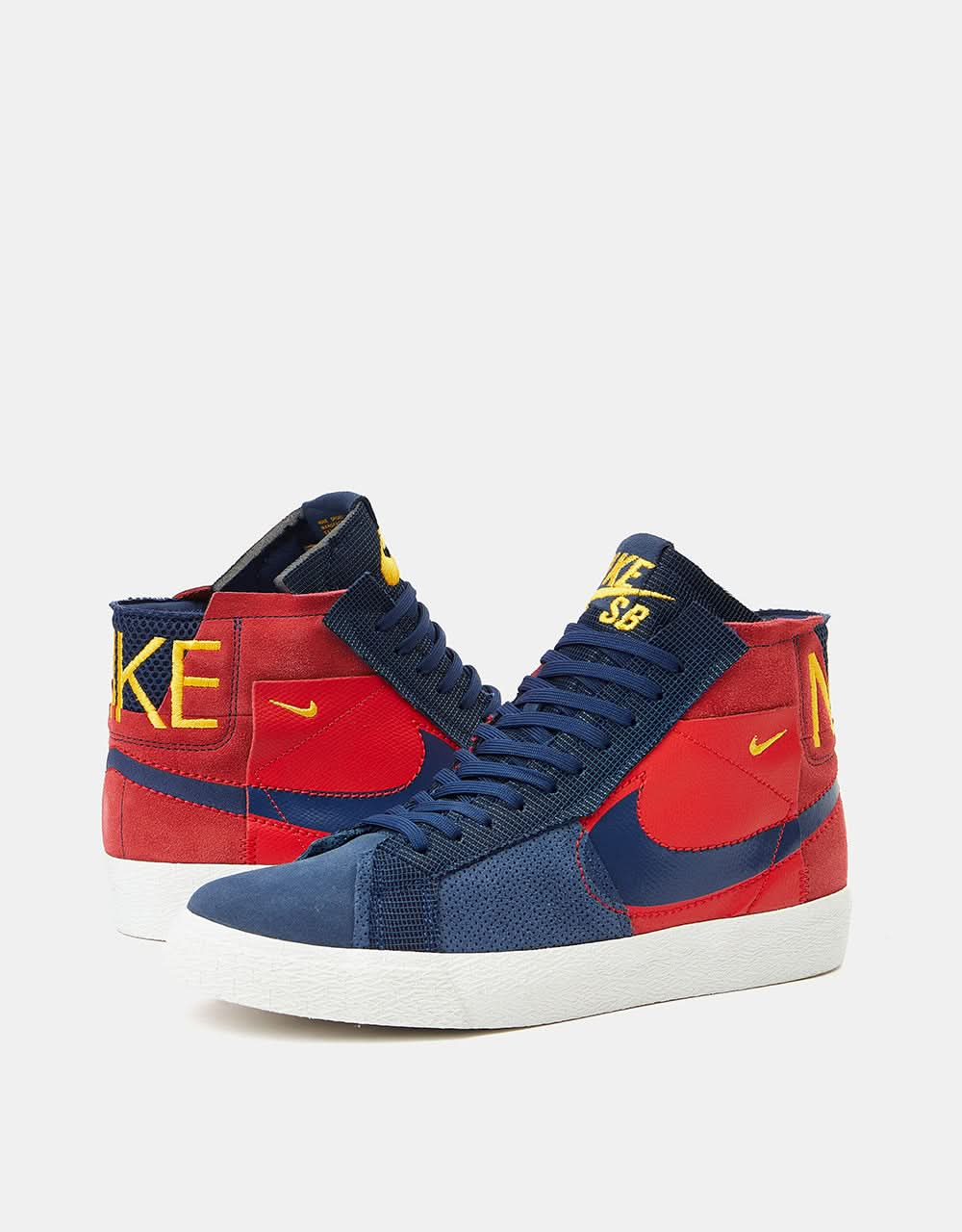 Nike SB Zoom Blazer Mid Premium Zapatos de skate - Rojo Univ/Azul Marino Medianoche-Oro Univ-Blanco Cumbre-Negro