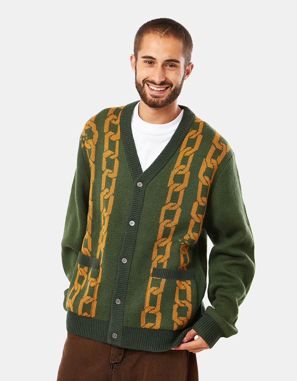 Route One Chains Knitted Cardigan - Forest Green/Orange