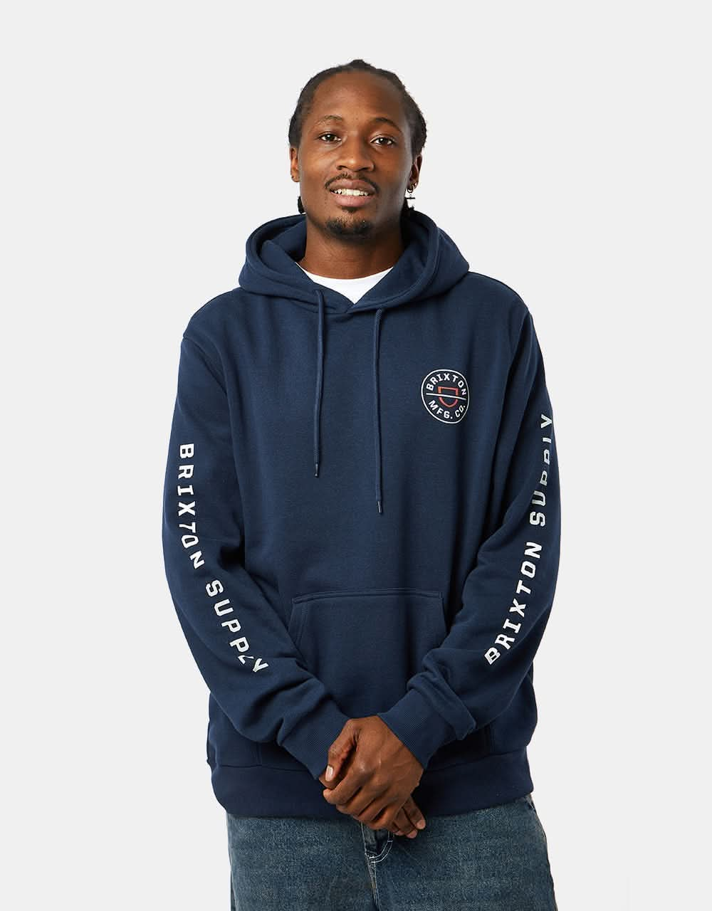 Brixton Crest Pullover Hoodie - Washed Navy/White/Mineral Grey