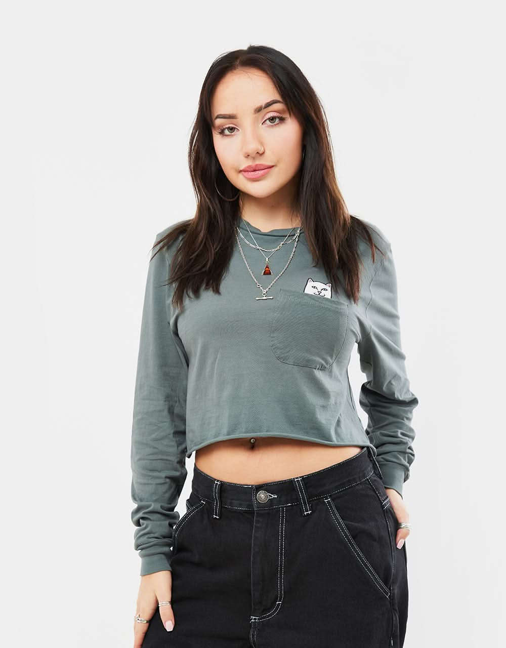 RIPNDIP Womens Lord Nermal Cropped Pocket Long Sleeve  - Charcoal