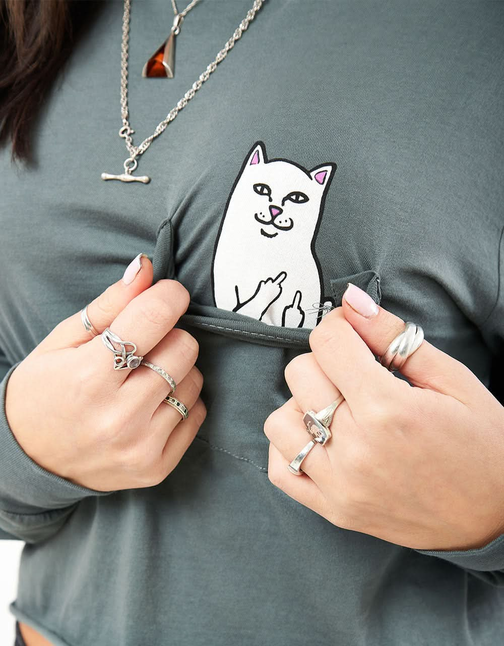 RIPNDIP Womens Lord Nermal Cropped Pocket Long Sleeve  - Charcoal