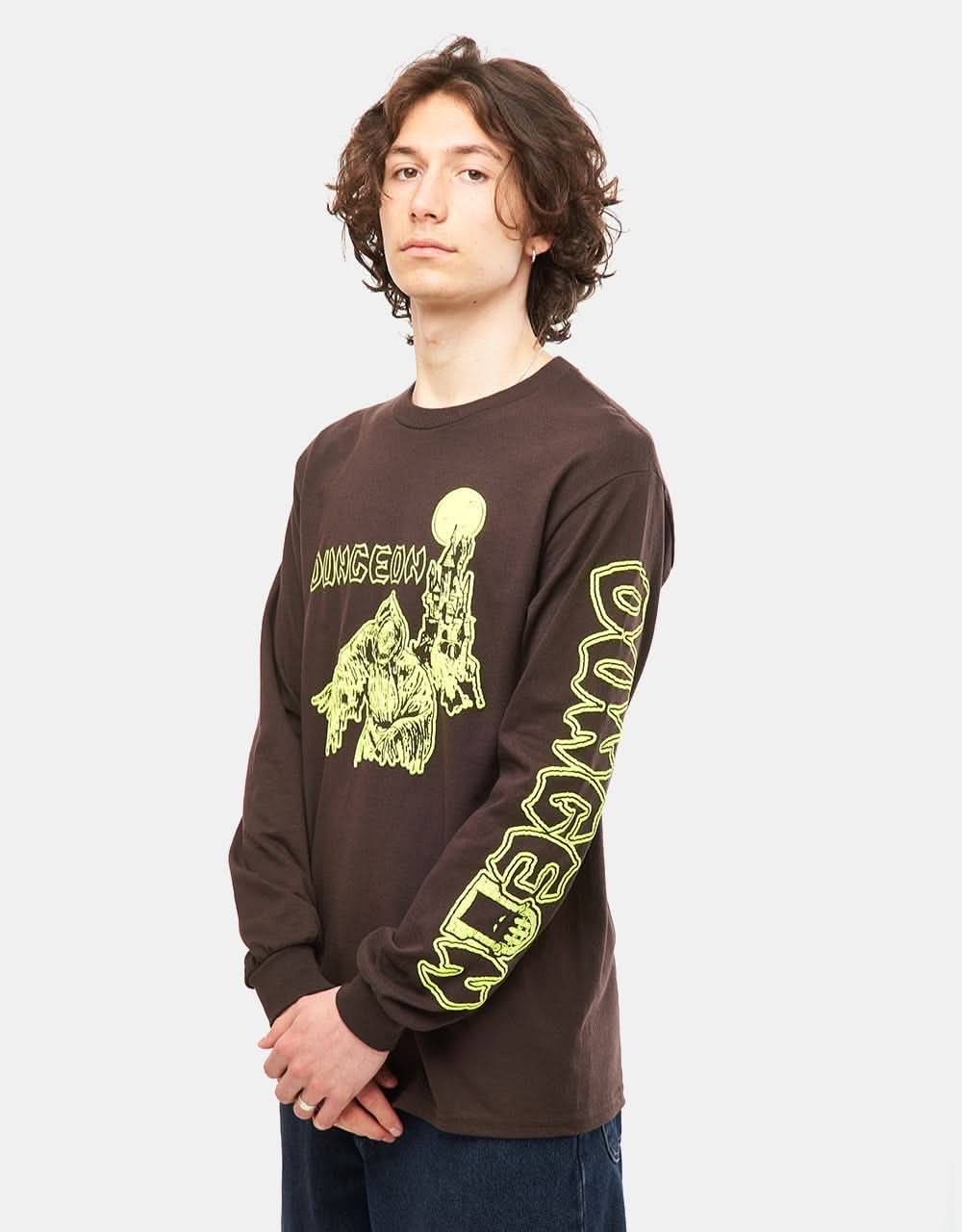 Dungeon Tower L/S T-Shirt - Chocolate/Neon Yellow