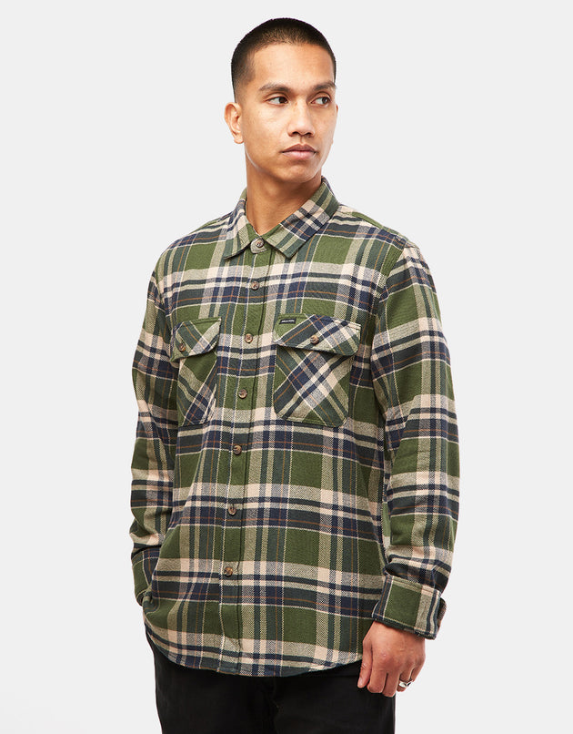 Chemise en Flanelle L/S Brixton Bowery - Vert Cyprès/Marine Délavée/Blanc