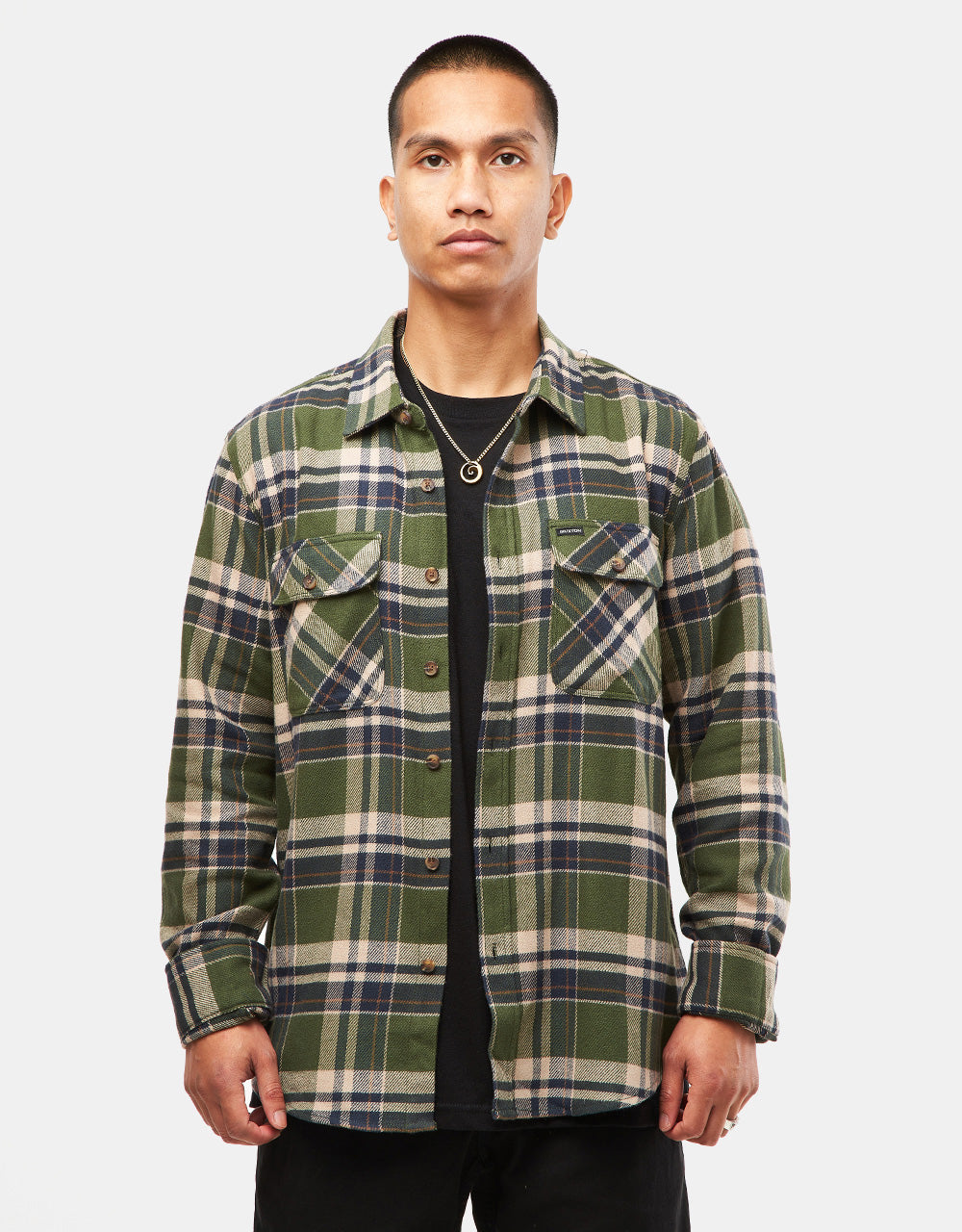 Brixton Bowery L/S Flannel Shirt - Cypress Green/Washed Navy/White