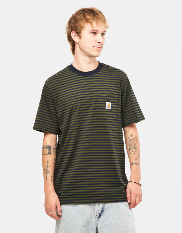 Carhartt WIP Verner Pocket T-Shirt - Verner Stripe/Dark Navy/Office Green