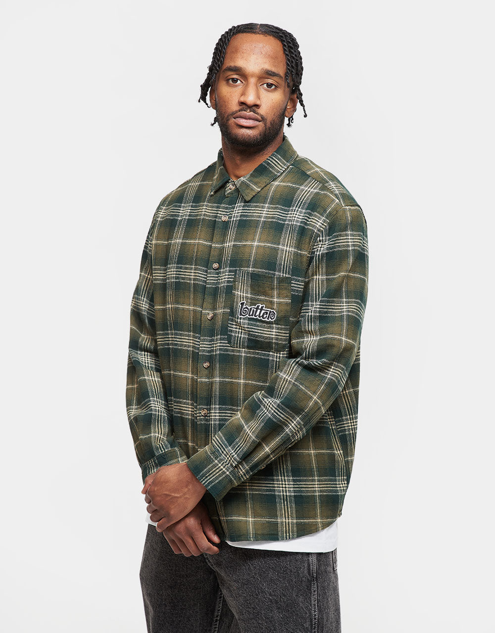 Butter Goods Swirl Plaid L/S Shirt - Green/White