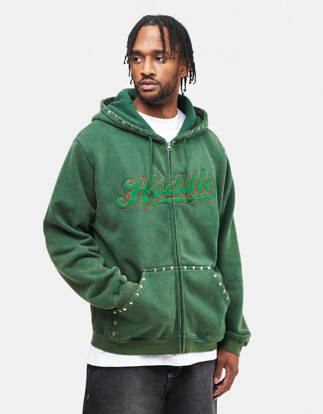 Hoddle Intarsia Script Zip Hoodie - Washed Green