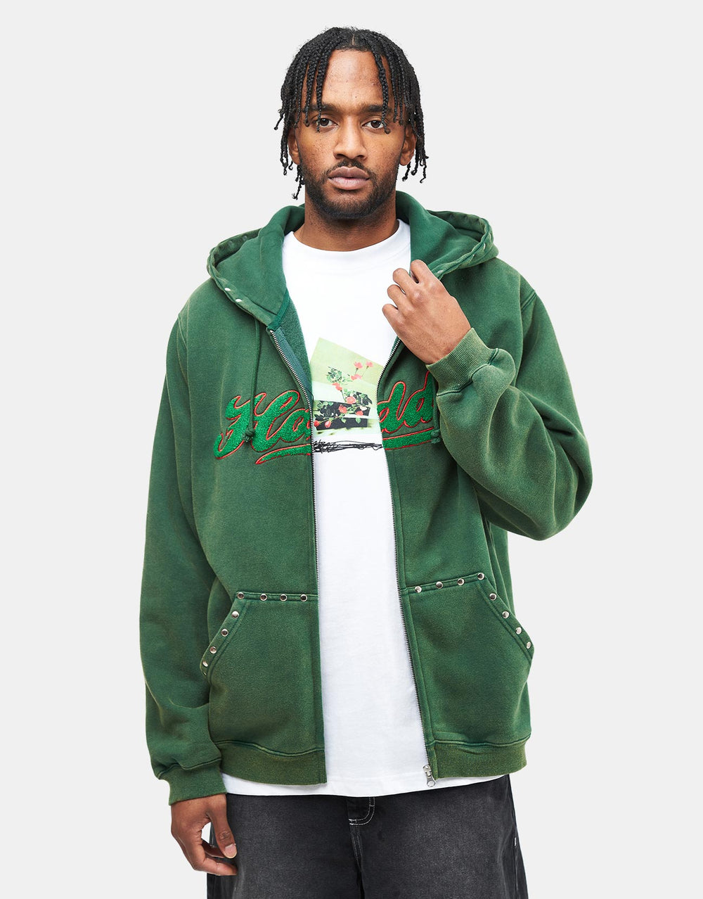 Hoddle Intarsia Script Zip Hoodie - Washed Green