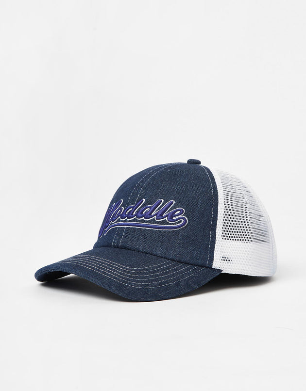 Hoddle Intarsia Script Trucker Cap - Denim/White