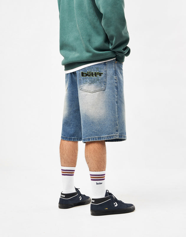 Butter Goods Warped Denim Shorts - Washed Mid Blue