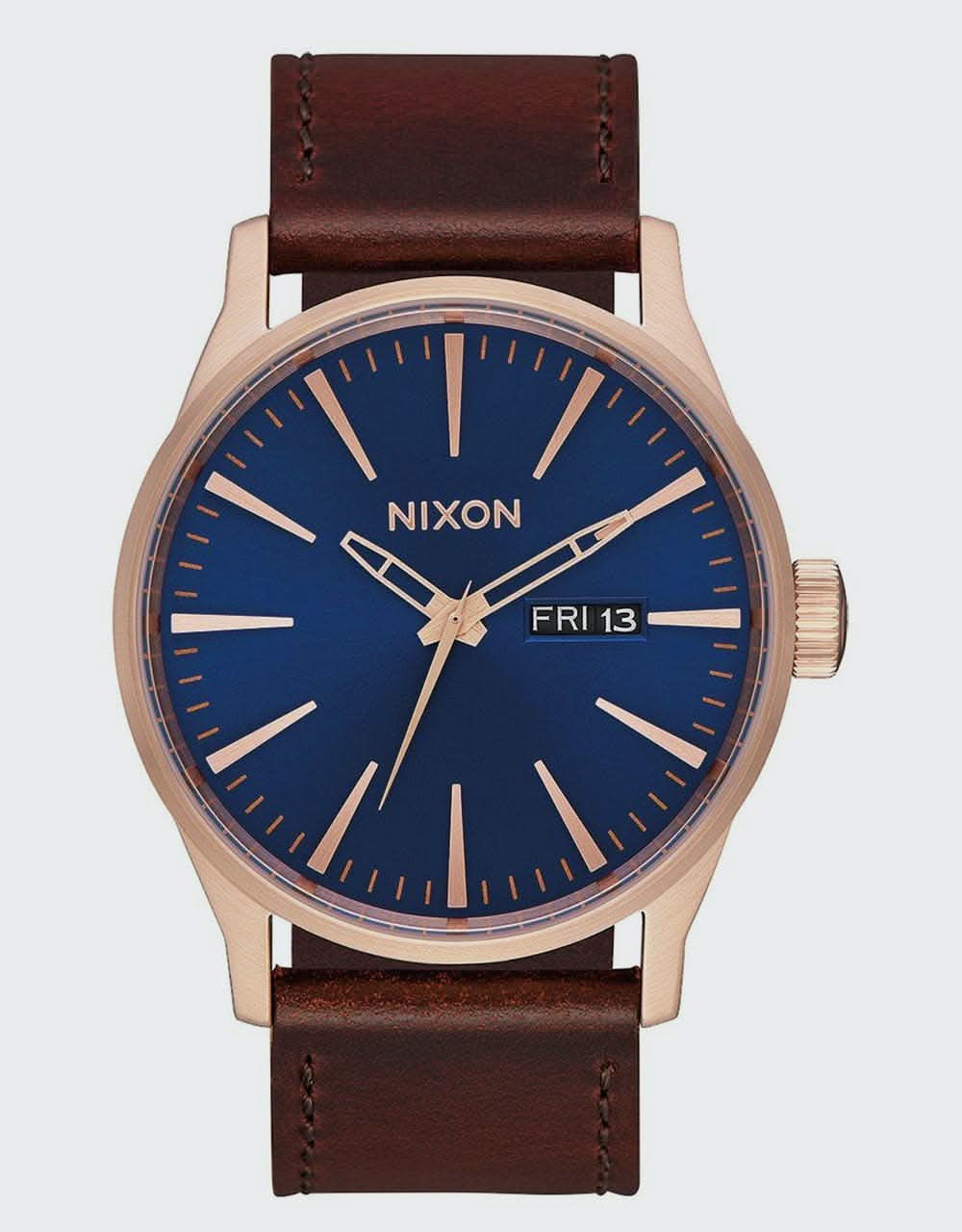 Nixon Sentry Leather Watch - Rose Gold/Navy/Brown