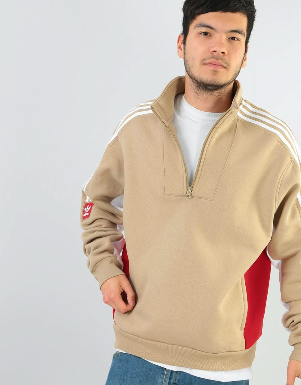 Adidas Modular 1/4 Zip Sweatshirt - Hemp/White/Power Red