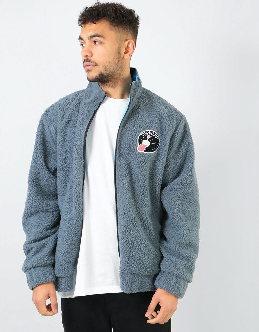 RIPNDIP Pill Reversible Sherpa Varsity Jacket - Solid Grey/Blue Dye