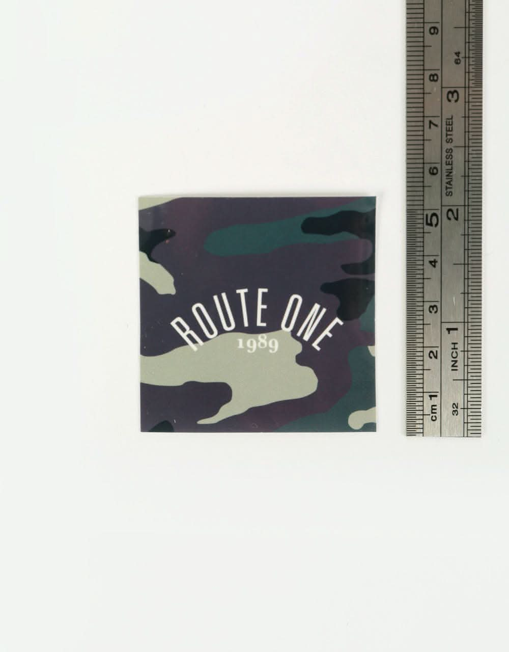 Route One Square Arch Logo Small Sticker - Camo