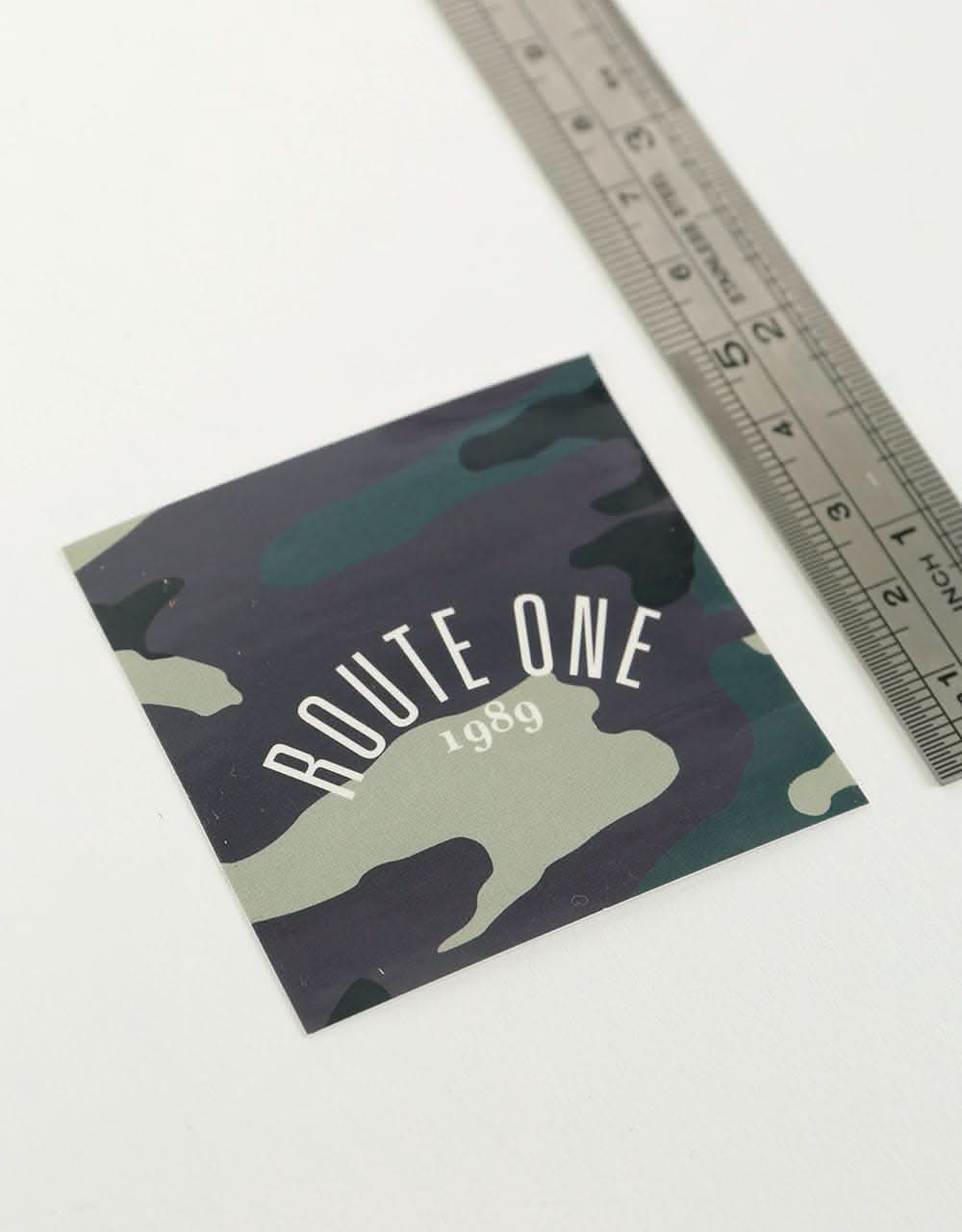 Route One Square Arch Logo Small Sticker - Camo