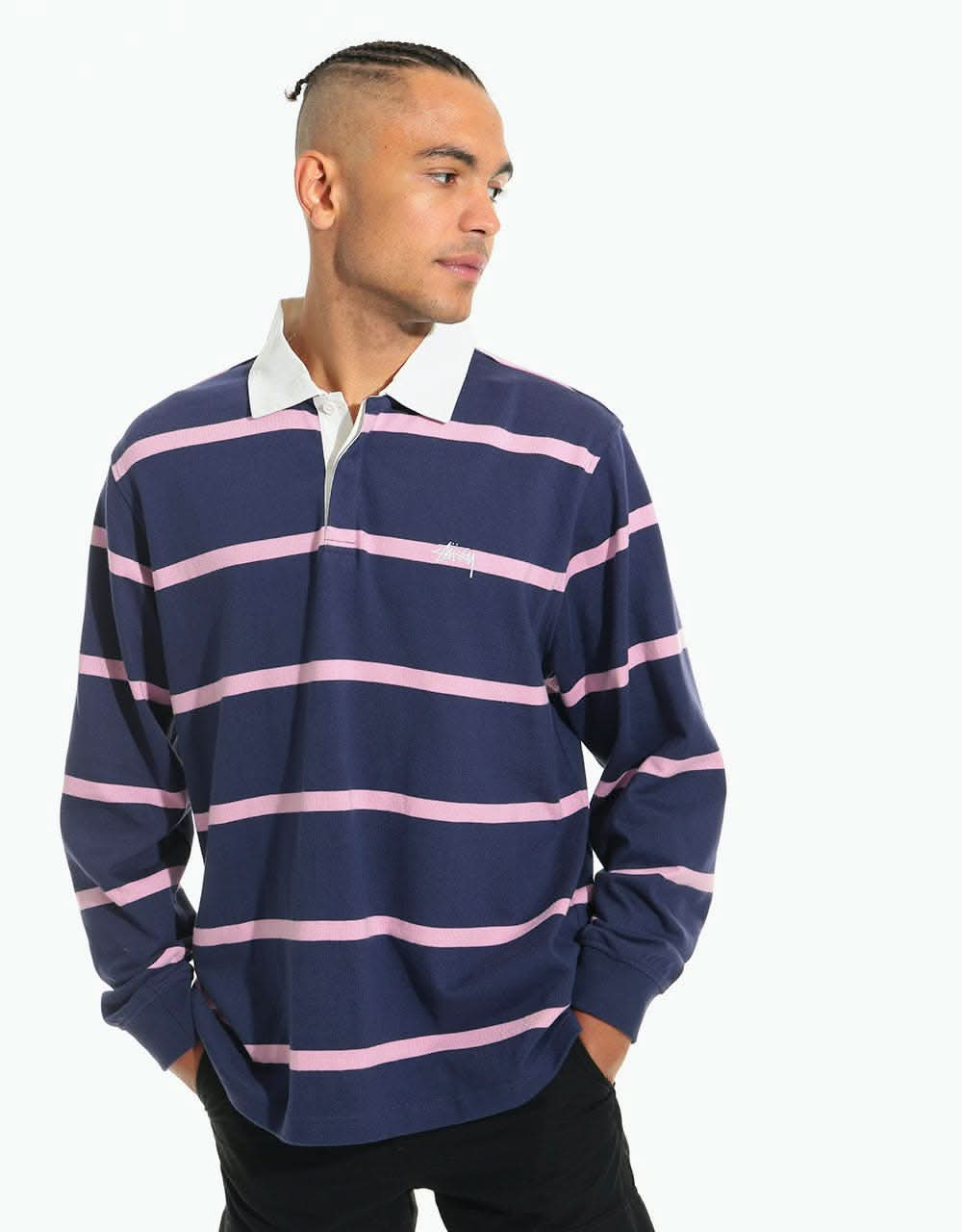 Stüssy Hill Stripe L/S Rugby Shirt - Navy