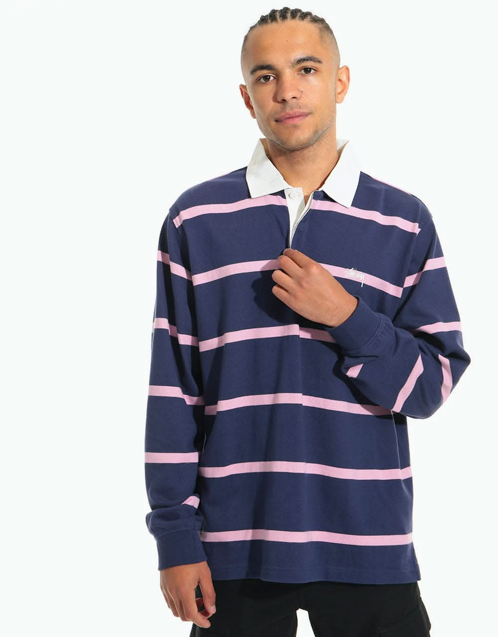 Stüssy Hill Stripe L/S Rugby Shirt - Navy