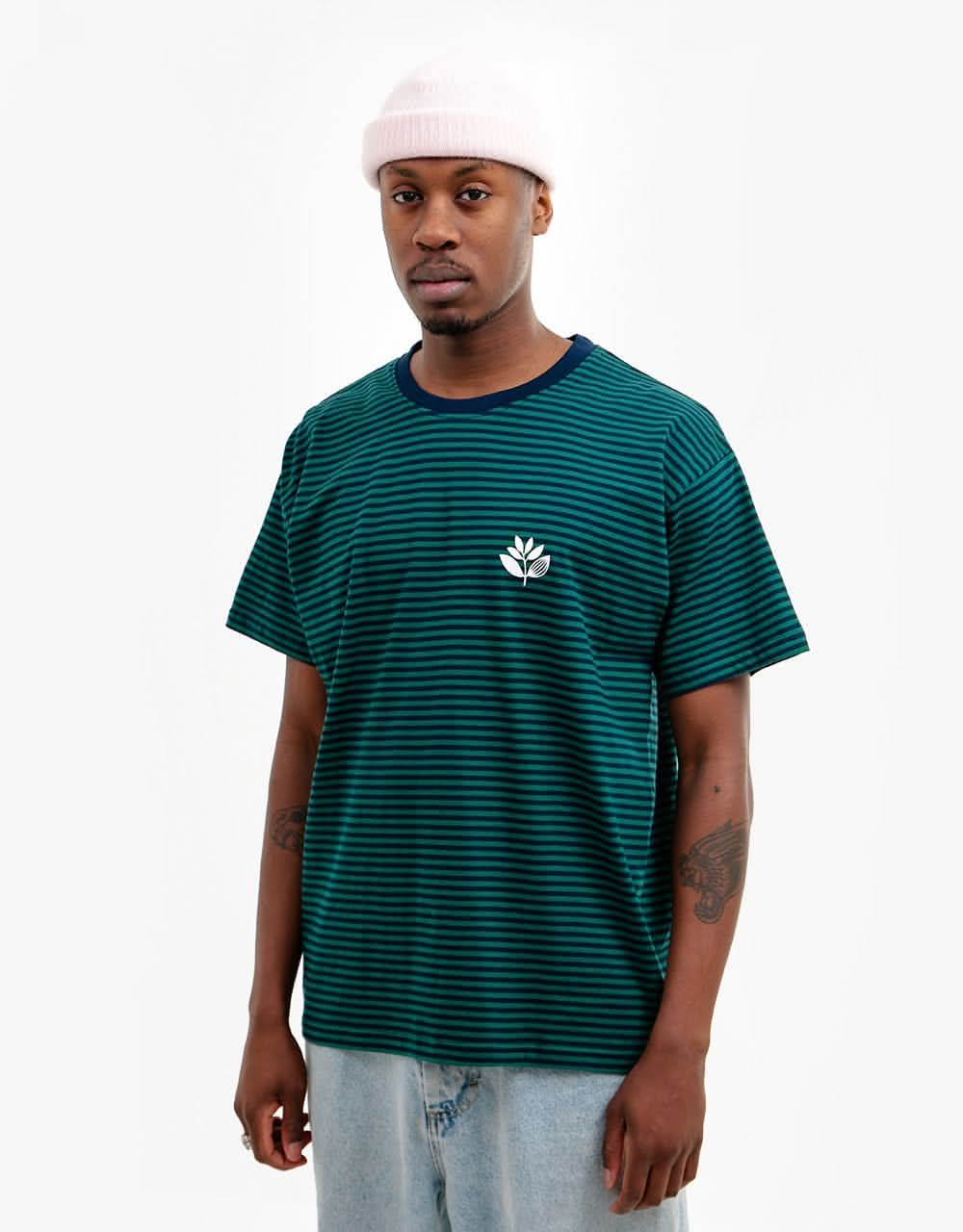 Magenta Striped Plant T-Shirt - Navy/Green