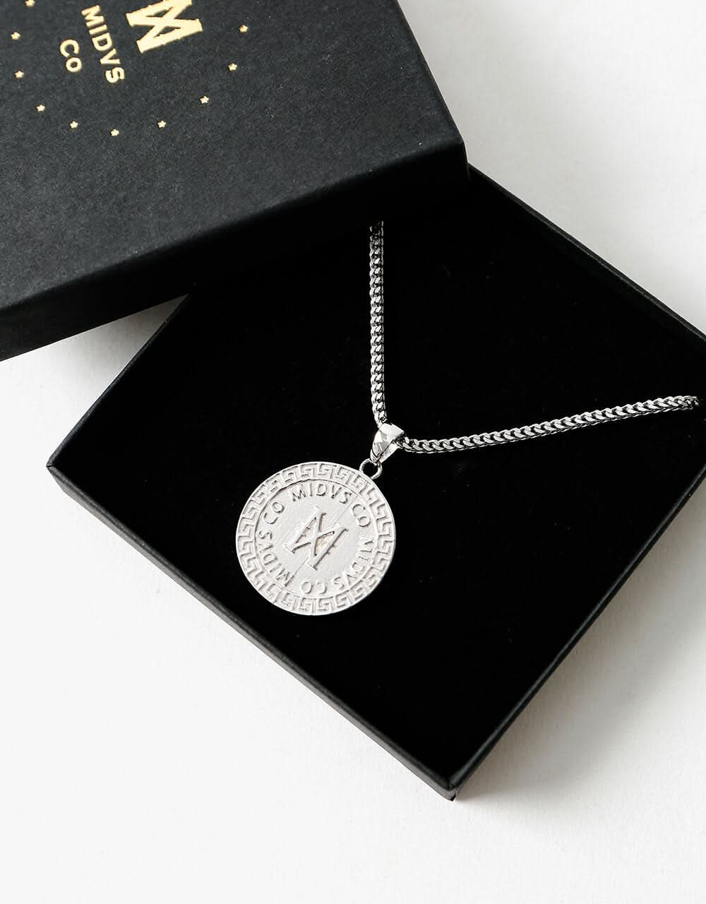 Midvs Co 18K Gold Plated Meander Coin Necklace - White Gold