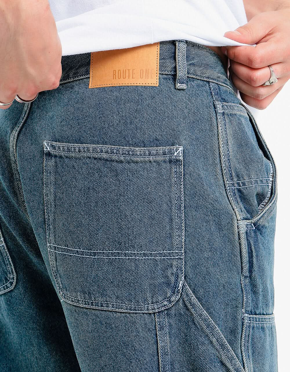 Pantalon en denim à double genou Route One - Délavé clair