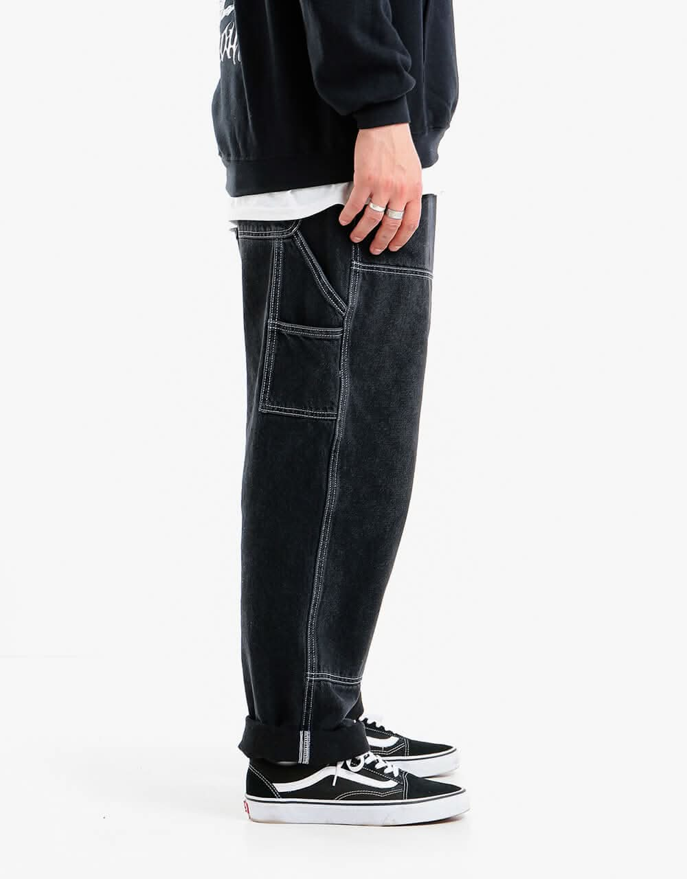 Pantaloni in denim con doppio ginocchio Route One - Nero lavato