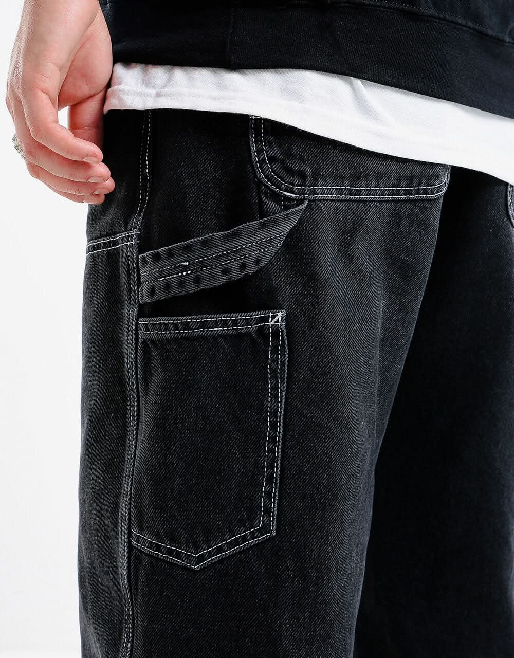 Pantaloni in denim con doppio ginocchio Route One - Nero lavato