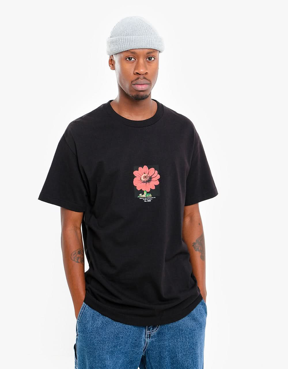 5Boro Red Flower T-Shirt - Black