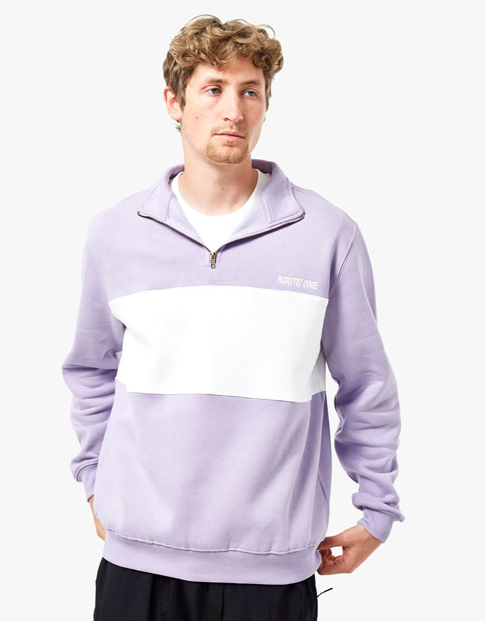 Route One Organic Blocked 1/4 Zip Sweat - Viola/Stone