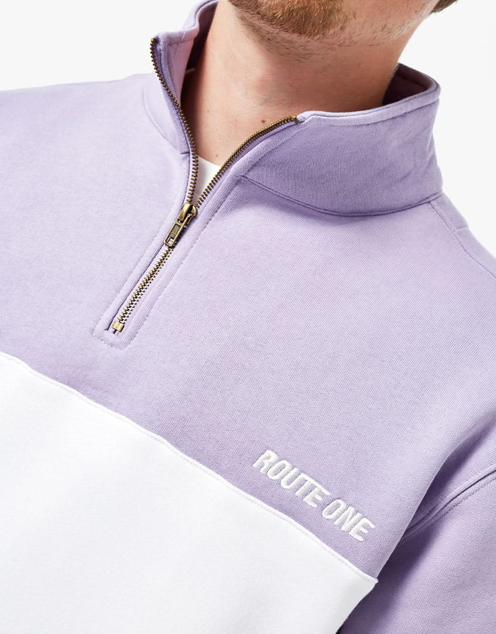 Route One Organic Blocked 1/4 Zip Sweat - Viola/Stone