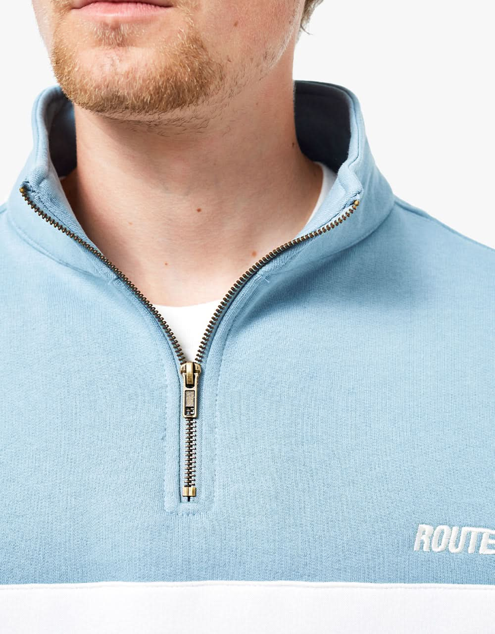 Route One Organic Blocked 1/4 Zip Sweat - Stone Blue/Stone