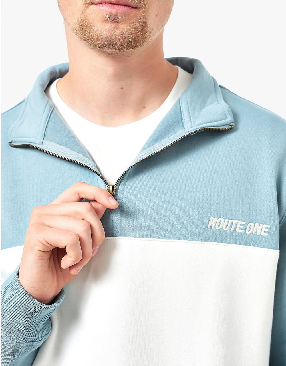 Route One Organic Blocked 1/4 Zip Sweat - Stone Blue/Stone