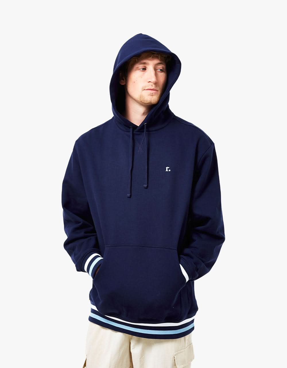 Route One Organic Striped Ribbed Pullover Hoodie - Eclipse/White/Sky Blue