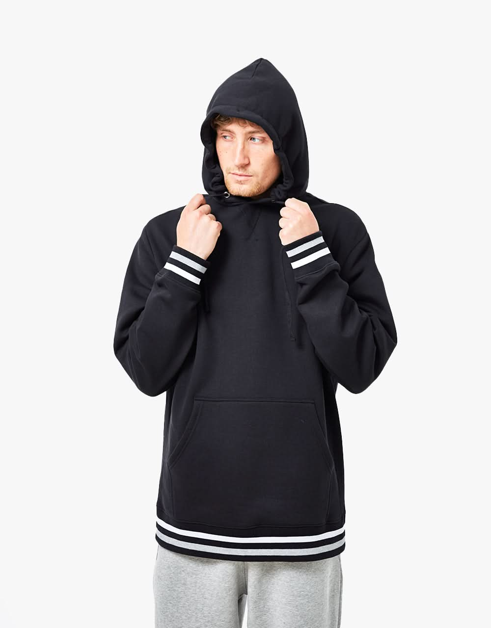 Route One Organic Striped Ribbed Pullover Hoodie - Black/White/Grey