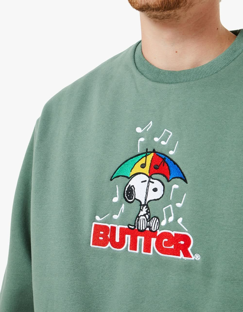 Butter Goods x Peanuts Umbrella Embroidered Crewneck Sweatshirt - Sage