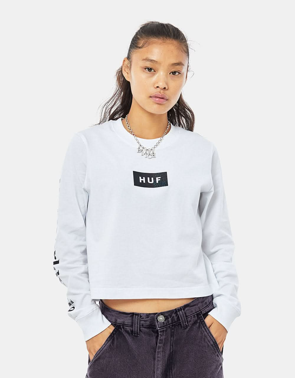 HUF Womens Foil Bar Logo L/S Crop T-Shirt - White