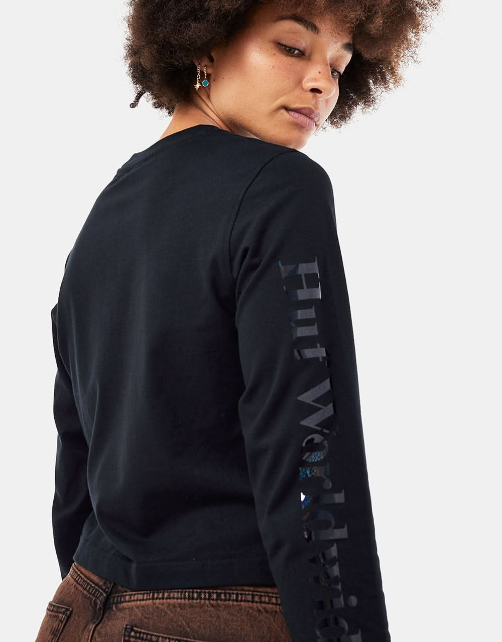 HUF Womens Foil Bar Logo L/S Crop T-Shirt - Black