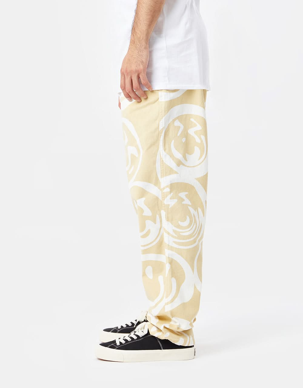 Route One Organic Baggy Pants - Warped Smiley Ivory Cream/White