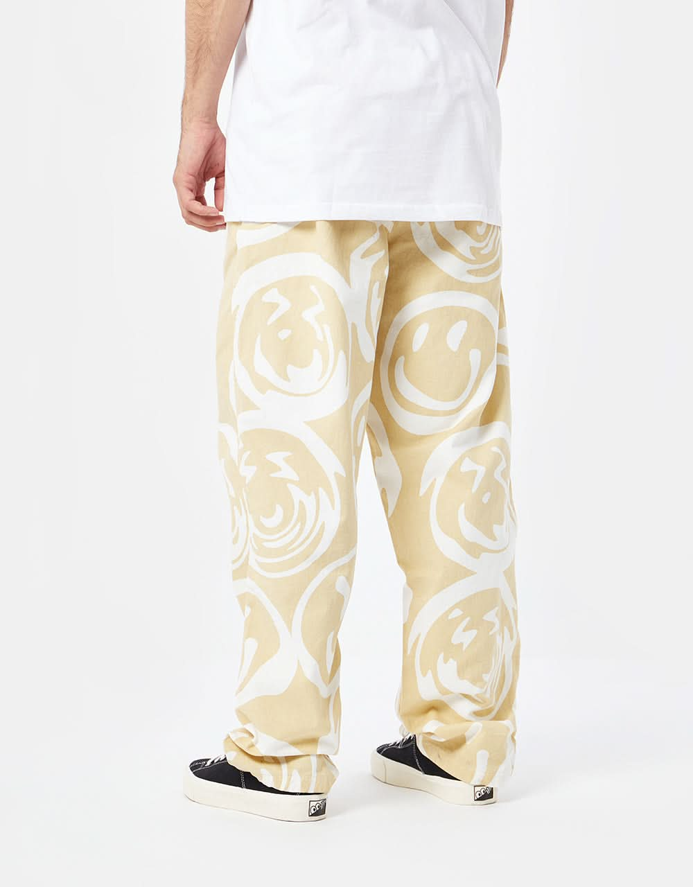 Route One Organic Baggy Pants - Warped Smiley Ivory Cream/White