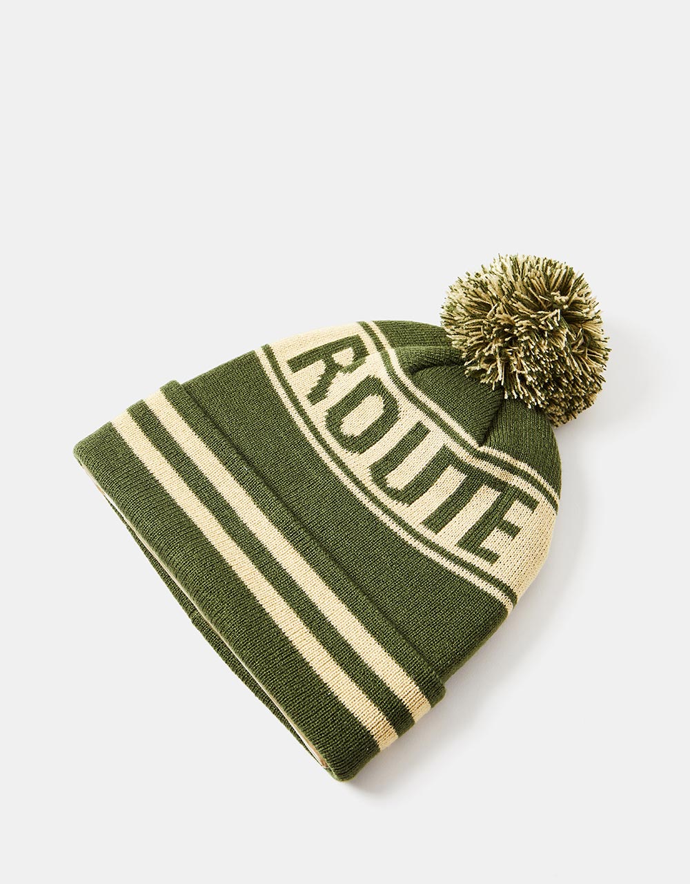 Route One Recycled Varsity Bobble Beanie - Olive/Ivory Cream