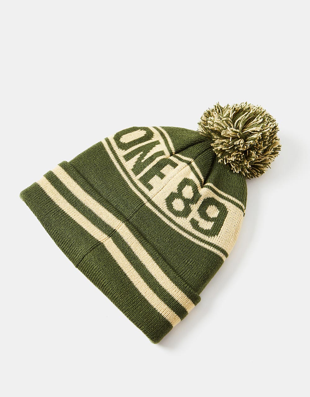 Route One Recycled Varsity Bobble Beanie - Olive/Ivory Cream